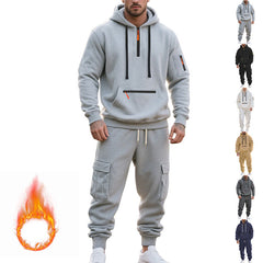 Men's Loose Sports And Leisure Suit Sweater Fleece-lined Hoodie Set Zipper Multi-Pocket Pullover Men's Sports Casual Top Two-piece Set