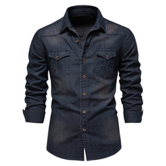 Men's Long-sleeved Denim Shirt Casual Solid Button Slim Tops Clothing