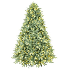 Artificial 7.5ft Blue Green Tint Christmas Tree With 2908 PE PVC Mixed Branch Tips, 800L Warm White Led, Memory Wire Iron Wire, Hinged Premium & Foldable Base For Indoor Holiday Decorating