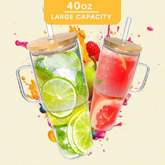 Glass Cups With Lids And Straws - 40 Oz Tumbler With Handle And Straw Glass Water Bottles Drinking Glasses Glass Straws Iced Coffee Cups Travel Coffee Mug Smoothie Cup Glass Tumbler