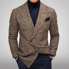 Men's Blazers Slim Fit Plaid Suits Jackets Male Long Sleeve Double-breasted Outerwear Business Casual Coats