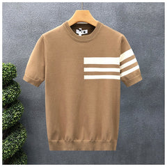 Trendy All-match Round Neck Knitted Short Sleeve Contrast Color Thin T-shirt