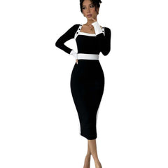 Womens Patchwork Color-Block Bodycon Skirt Dress