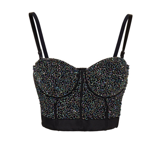 Strap Adjustable Beaded Crop Rhinestone Bra