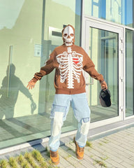Cross-border Loose Zip Sweater Skull Skeleton Printing Cardigan Hoodie Street