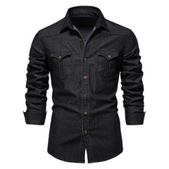 Men's Long-sleeved Denim Shirt Casual Solid Button Slim Tops Clothing