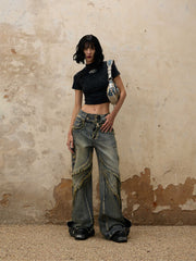 Fluid-structured Spliced Raw-edge Jeans