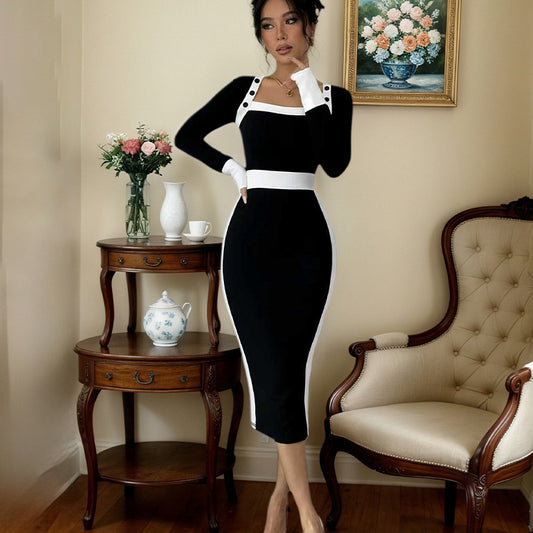 Womens Patchwork Color-Block Bodycon Skirt Dress