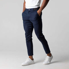 Comfortable Solid Color Pants Elegant Slim Fit Men's Business Trousers With Elastic Waist Button Closure Pockets