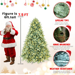 Artificial 7.5ft Blue Green Tint Christmas Tree With 2908 PE PVC Mixed Branch Tips, 800L Warm White Led, Memory Wire Iron Wire, Hinged Premium & Foldable Base For Indoor Holiday Decorating