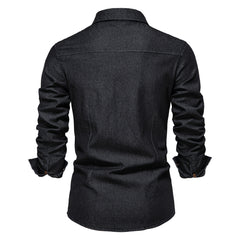 Men's Long-sleeved Denim Shirt Casual Solid Button Slim Tops Clothing