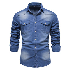 Men's Long-sleeved Denim Shirt Casual Solid Button Slim Tops Clothing