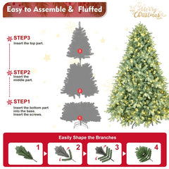 Artificial 7.5ft Blue Green Tint Christmas Tree With 2908 PE PVC Mixed Branch Tips, 800L Warm White Led, Memory Wire Iron Wire, Hinged Premium & Foldable Base For Indoor Holiday Decorating