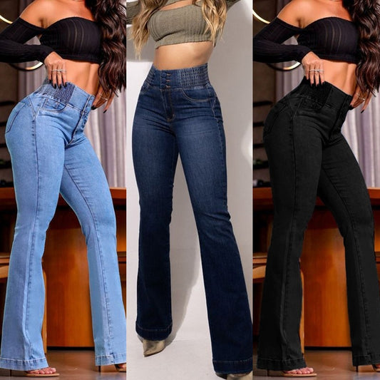Elastic Waisted High-waist Stretch Slim-fit Boot-lift Denim Trousers
