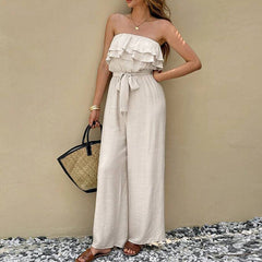 Women's Summer Sleeveless Tube Top Jumpsuit Ruffled Tied Jumpsuit