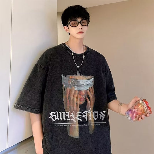 Retro T-shirt Unisex Style Distressed Short-sleeved Top