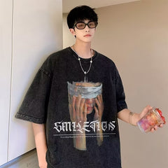 Retro T-shirt Unisex Style Distressed Short-sleeved Top