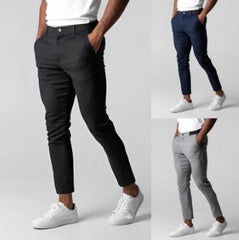 Comfortable Solid Color Pants Elegant Slim Fit Men's Business Trousers With Elastic Waist Button Closure Pockets
