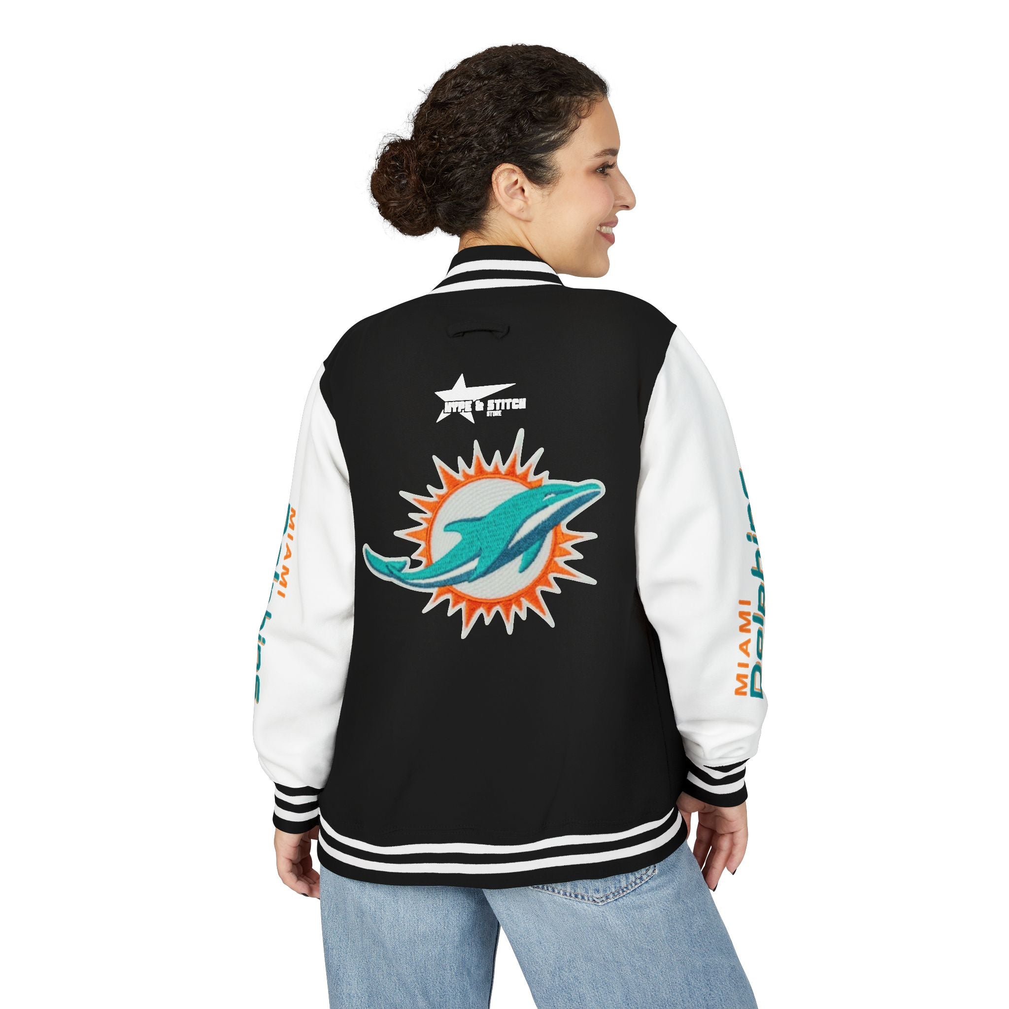 Miami Dolphins Heavyweight Varsity Letterman Jacket | Classic Snap-Front Bomber Coat