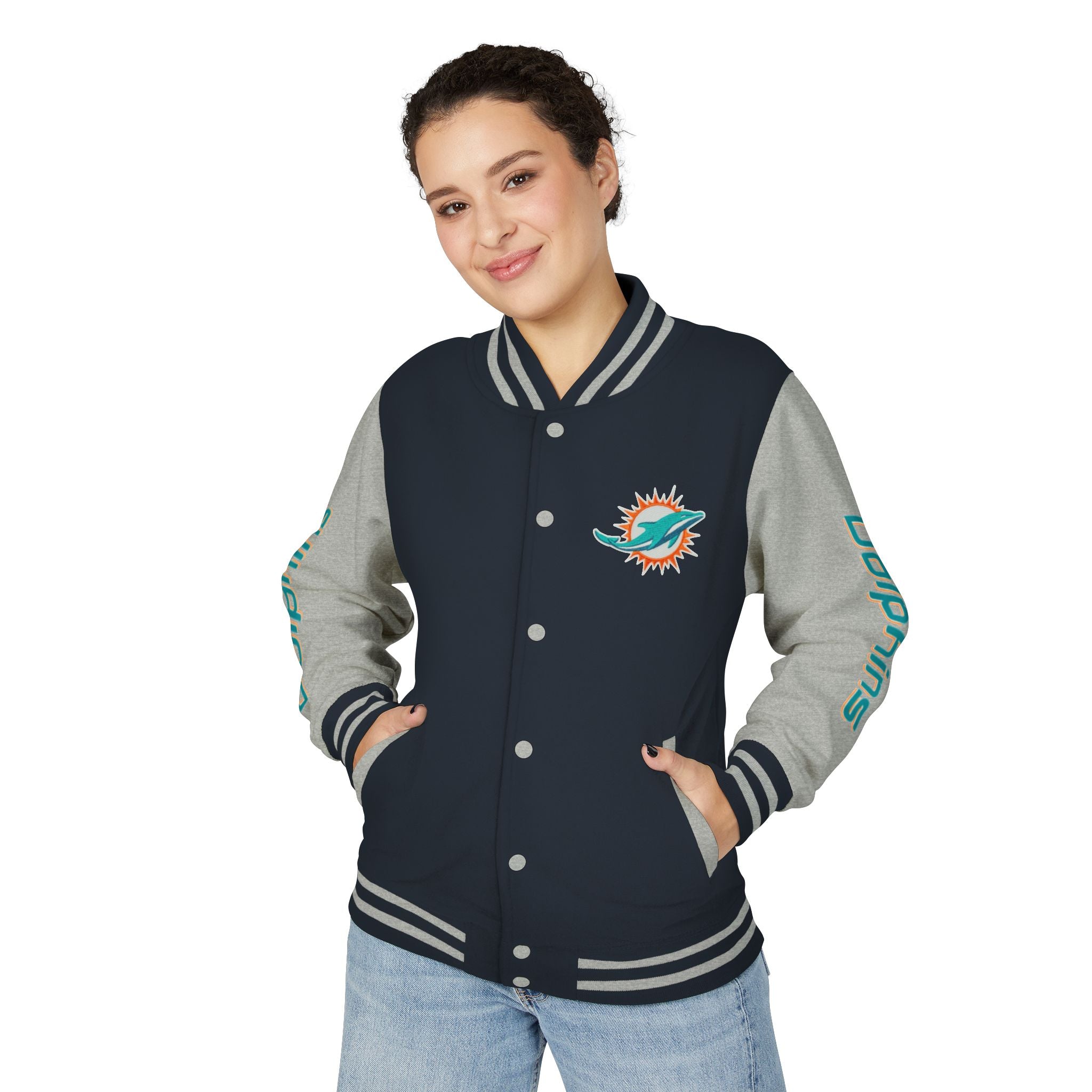 Miami Dolphins Heavyweight Varsity Letterman Jacket | Classic Snap-Front Bomber Coat