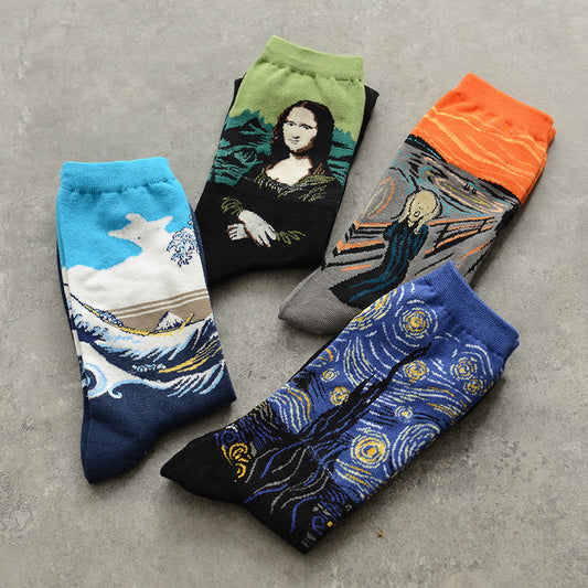 Moxiao factory direct selling Qiudong men''s socks new personality literature retro world famous painting men''s socks oil painting men''s socks