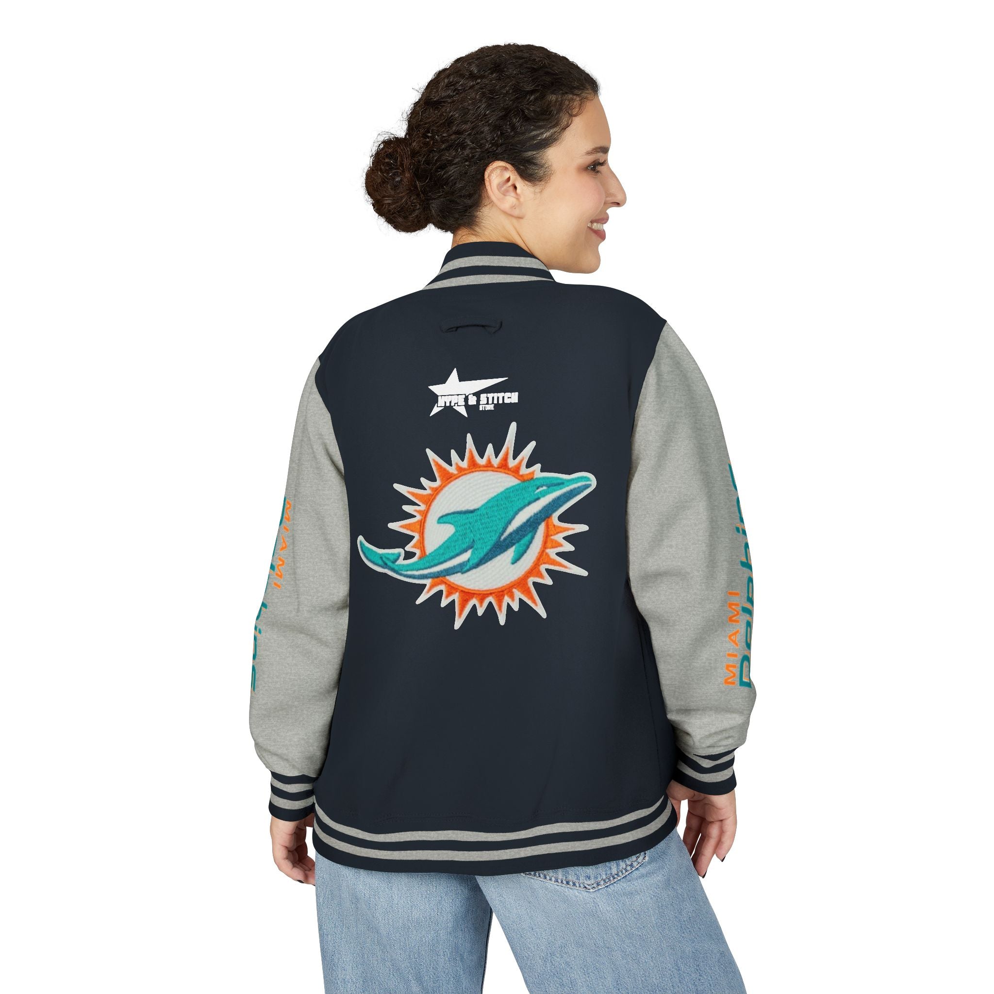 Miami Dolphins Heavyweight Varsity Letterman Jacket | Classic Snap-Front Bomber Coat