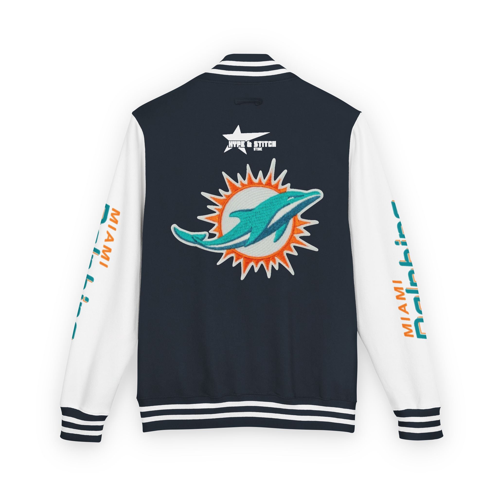Miami Dolphins Heavyweight Varsity Letterman Jacket | Classic Snap-Front Bomber Coat