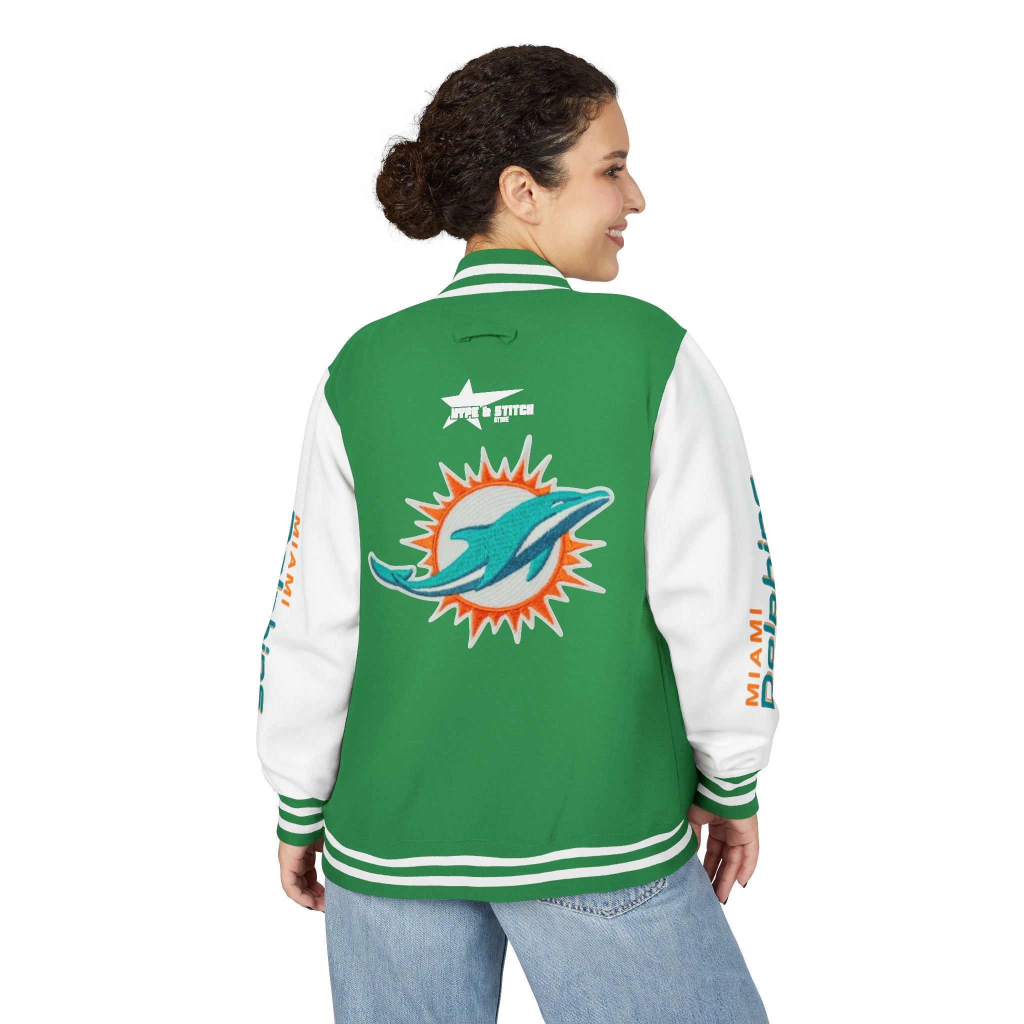 Miami Dolphins Heavyweight Varsity Letterman Jacket | Classic Snap-Front Bomber Coat