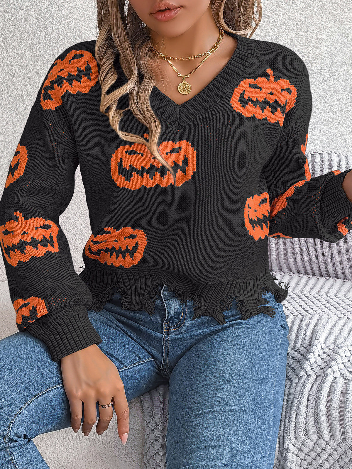 Halloween Contrast Color Pumpkin Cut Long Sleeve Sweater