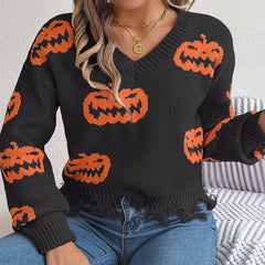 Halloween Contrast Color Pumpkin Cut Long Sleeve Sweater