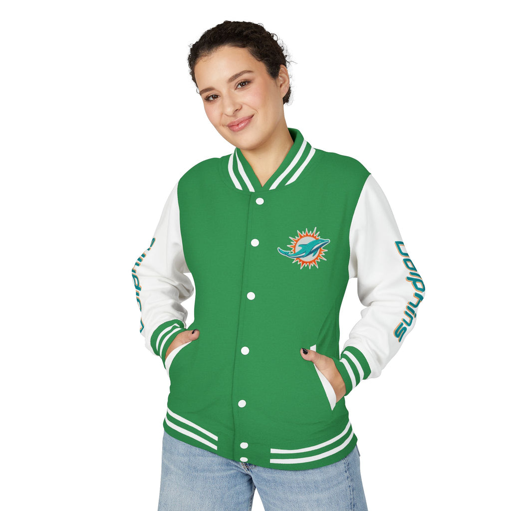 Miami Dolphins Heavyweight Varsity Letterman Jacket | Classic Snap-Front Bomber Coat