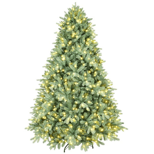 Artificial 7.5ft Blue Green Tint Christmas Tree With 2908 PE PVC Mixed Branch Tips, 800L Warm White Led, Memory Wire Iron Wire, Hinged Premium & Foldable Base For Indoor Holiday Decorating