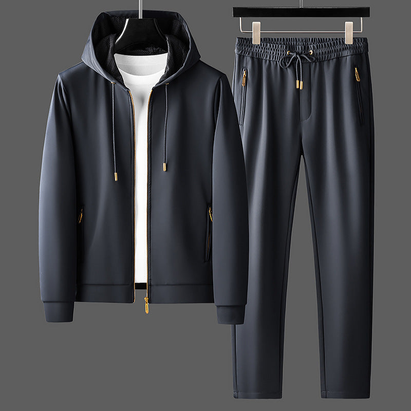 Contrast Color Men's Thickened Two-piece Suit Sweater Zipper Casual Suit