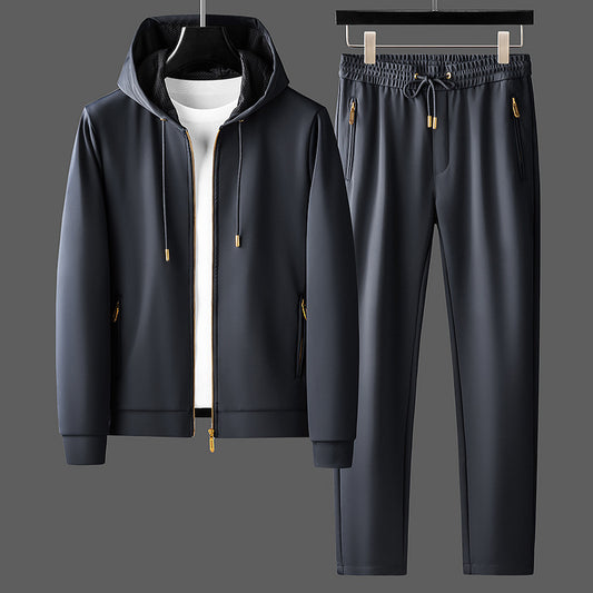 Contrast Color Men's Thickened Two-piece Suit Sweater Zipper Casual Suit