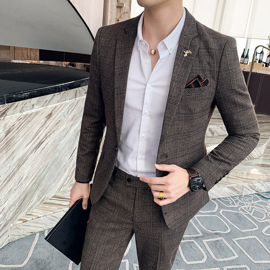 Autumn Men's Plaid Suit Business Casual Two-piece Suit