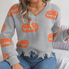 Halloween Contrast Color Pumpkin Cut Long Sleeve Sweater