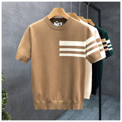 Trendy All-match Round Neck Knitted Short Sleeve Contrast Color Thin T-shirt