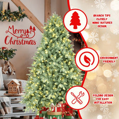 Artificial 7.5ft Blue Green Tint Christmas Tree With 2908 PE PVC Mixed Branch Tips, 800L Warm White Led, Memory Wire Iron Wire, Hinged Premium & Foldable Base For Indoor Holiday Decorating