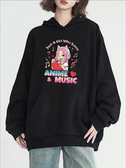 Women's Casual Anime & Music Print Hoodie - Long Sleeve,  Pullover With Kangaroo Pocket, All-Season Comfort