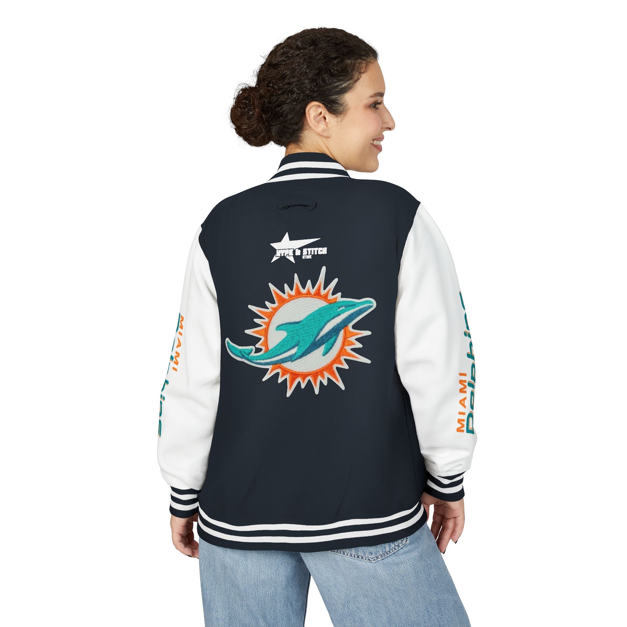 Miami Dolphins Heavyweight Varsity Letterman Jacket | Classic Snap-Front Bomber Coat
