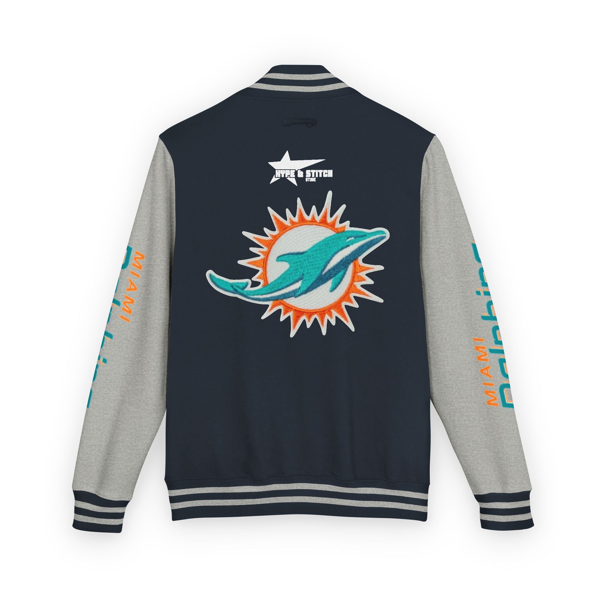 Miami Dolphins Heavyweight Varsity Letterman Jacket | Classic Snap-Front Bomber Coat