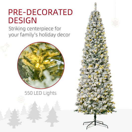 9 Feet Prelit Artificial Snow Flocked Pencil Christmas Tree, Slim Xmas Tree With Warm White LED Light, Holiday Home Xmas Decoration, Green
