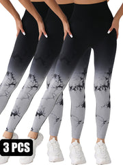 3 Pack Women's Tie Dye Gradient Color Yoga Sports Leggings, Ruched High Waist Workout Seamless Scrunch Booty Leggings Butt Lift Athletic Leggings Tummy Control Yoga Pants