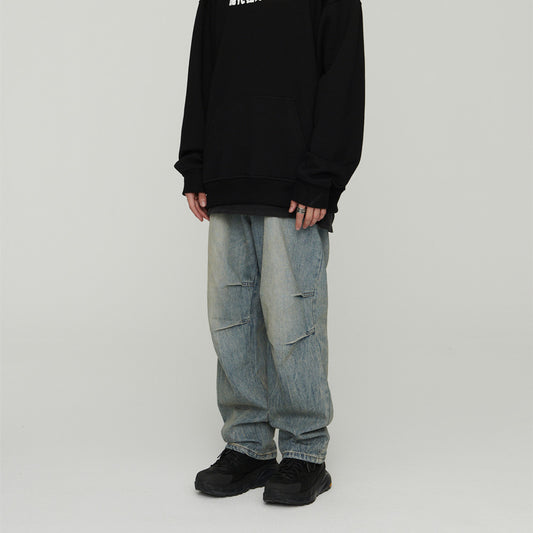 Light Wash Grey Denim Jeans Baggy Oversized With Pleats