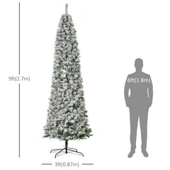 9 Feet Prelit Artificial Snow Flocked Pencil Christmas Tree, Slim Xmas Tree With Warm White LED Light, Holiday Home Xmas Decoration, Green