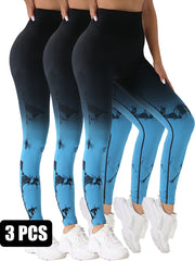 3 Pack Women's Tie Dye Gradient Color Yoga Sports Leggings, Ruched High Waist Workout Seamless Scrunch Booty Leggings Butt Lift Athletic Leggings Tummy Control Yoga Pants