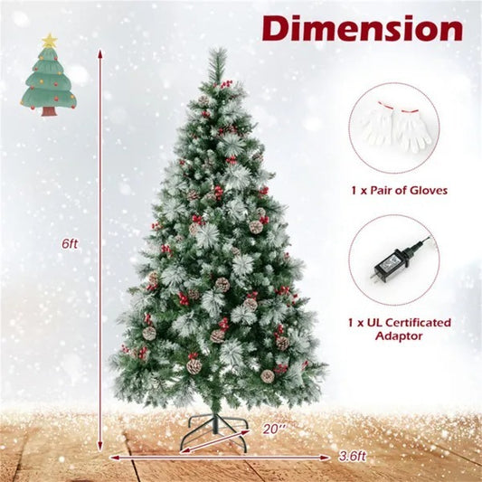 6ft Pre-Lit Christmas Tree - 55 Red Berries  55 Pine Cones, Changeable Lights  Easy Setup, Ideal For Home