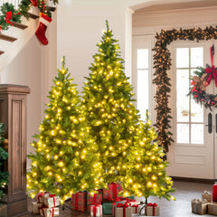 8FT, 6FT, 4FT Pre-Lit Green Pine Artificial Christmas Tree, Set Of 3 Hinged Xmas Trees With 820 Warm-Yellow LED Lights And 2539 Branch Tips, Holiday Decoration For Home,Office And Party