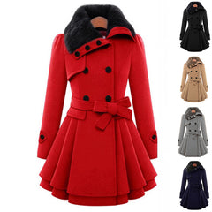 Women's Slim Mid-length Woolen Coat With Belt Thickened Double-breasted Padded Windbreaker Coat