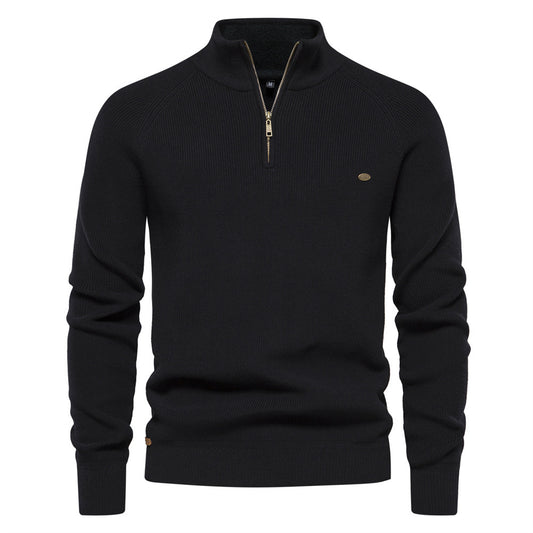 Men's Zipper Stand Collar Knitted Sweater Fashion Slim Solid Color Long Sleeve Half Turtleneck Top Men's Clothing